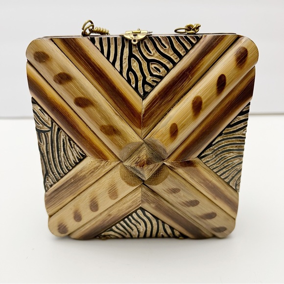 Vintage Carved Wood African Safari Zebra Pattern Minaudière Crossbody Mini Purse - Picture 3 of 8